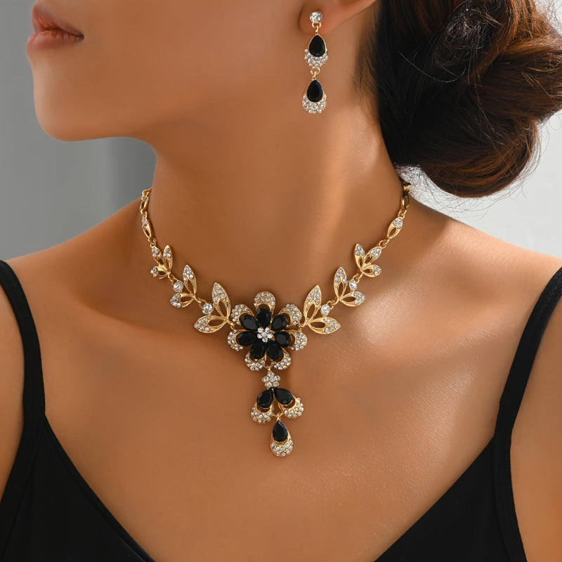 Black Floral Diamonds Bib Jewelry Set, Diamonds Necklace & Drop Earrings For Women