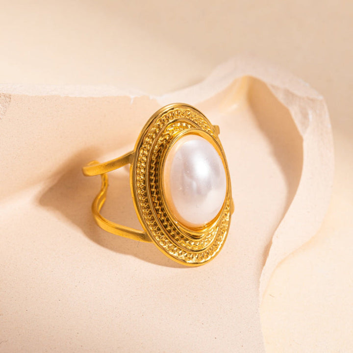 Vintage Multi-Layer Oval Pearl Open Ring, Adjustable 18K Gold Statement Ring