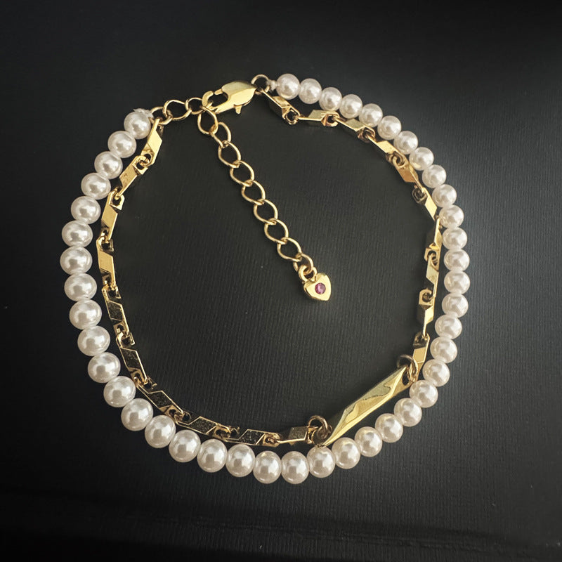 Pearl & Geometric Metal Stacked Bracelet, Heart Diamond Charm Dainty Layered Women Coquette Minimalist Wrist Jewelry