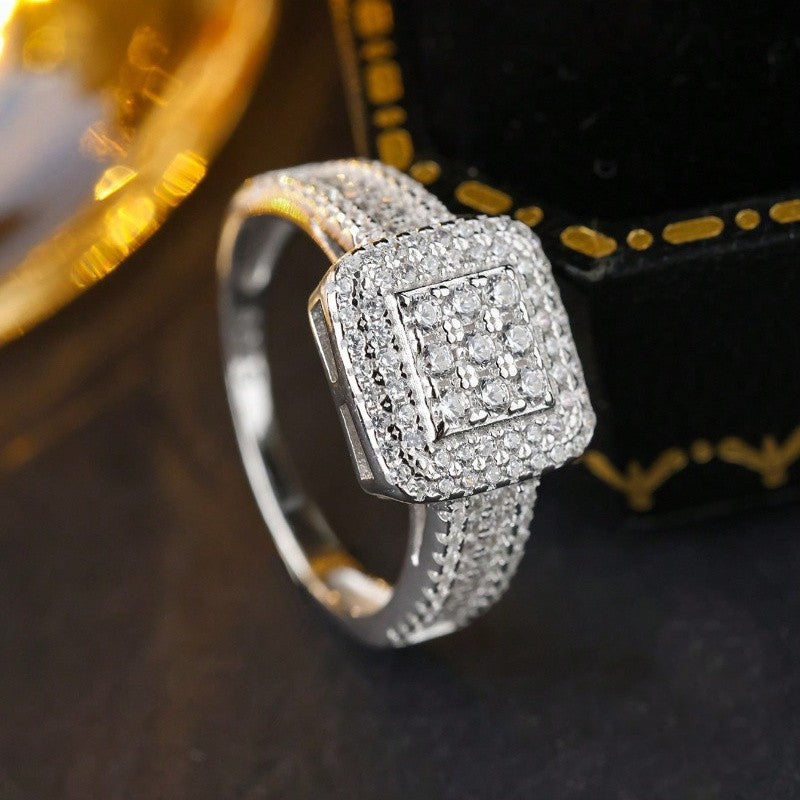 Square Double Halo Pave Diamond Statement Ring, Luxury Cocktail Engagement Wedding Finger Jewelry
