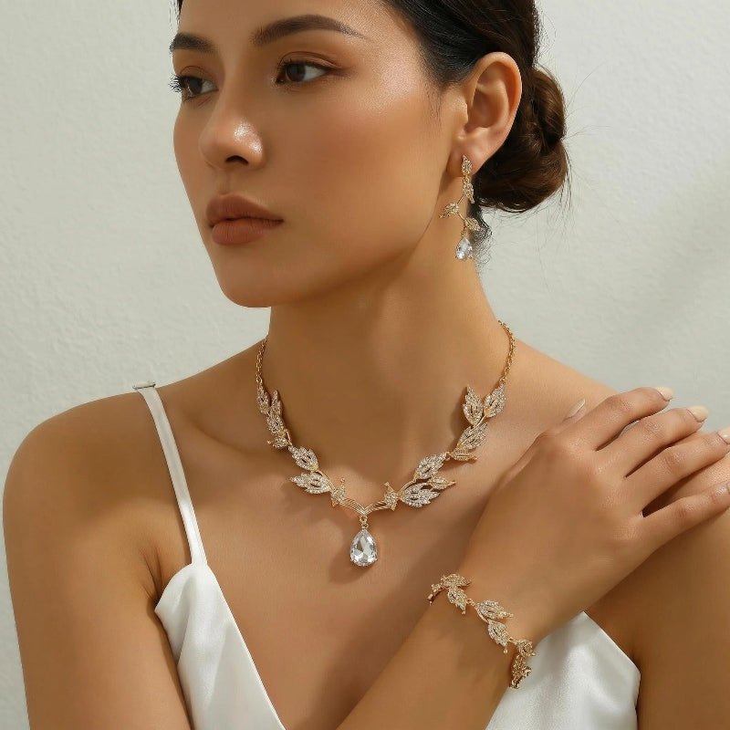 Leaf Teardrop DiamondsJewelry Set, 4-Piece Wedding Party Necklace Earrings Bracelet Kit