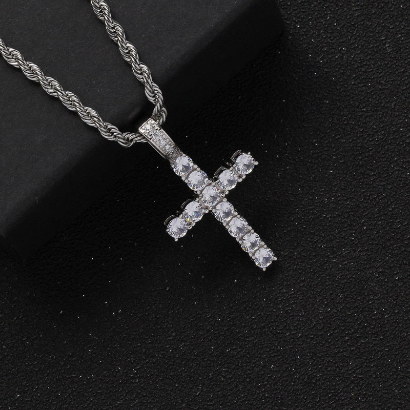 Iced‑Out Round‑Cut Diamond Cross Pendant Necklace, 2‑Tone Hip‑Hop Rope Chain Necklace