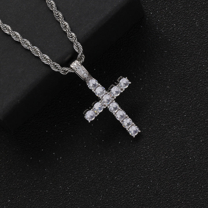 Iced‑Out Round‑Cut Diamond Cross Pendant Necklace, 2‑Tone Hip‑Hop Rope Chain Necklace