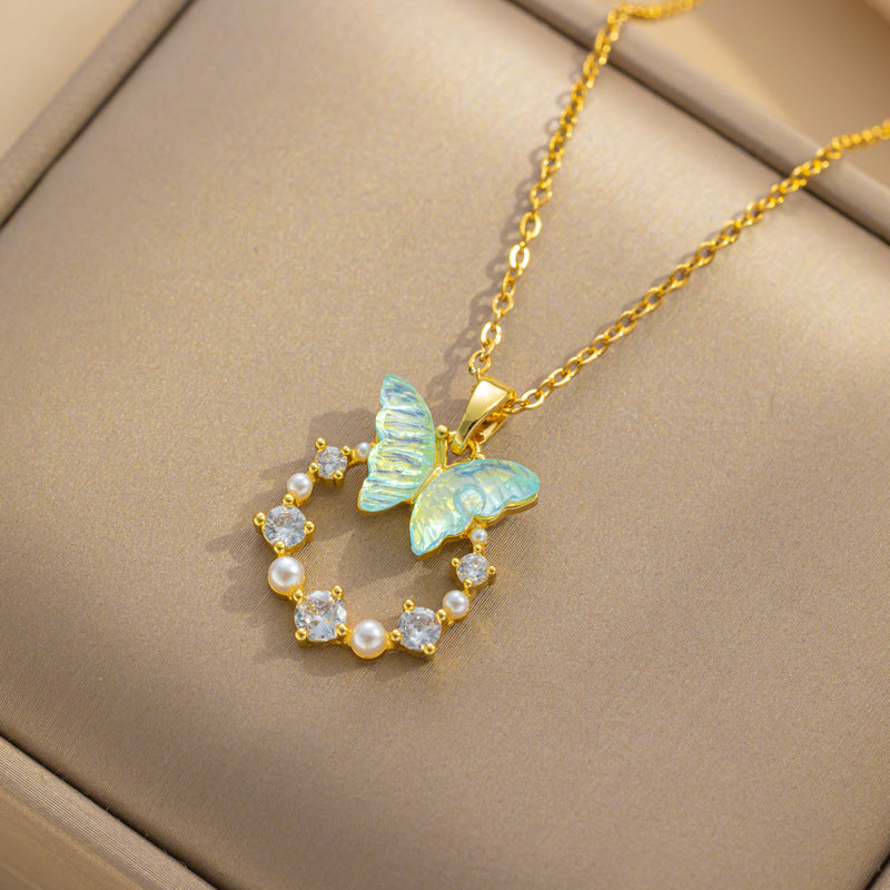 Iridescent Butterfly Wreath Pendant Necklace, Pearl & Diamond Decor Elegant Necklace For Women