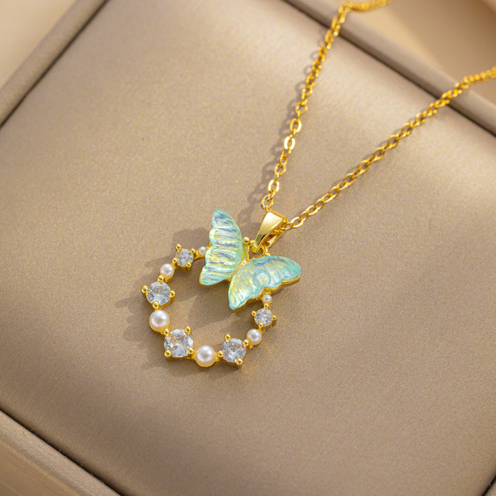 Iridescent Butterfly Wreath Pendant Necklace, Pearl & Diamond Decor Elegant Necklace For Women