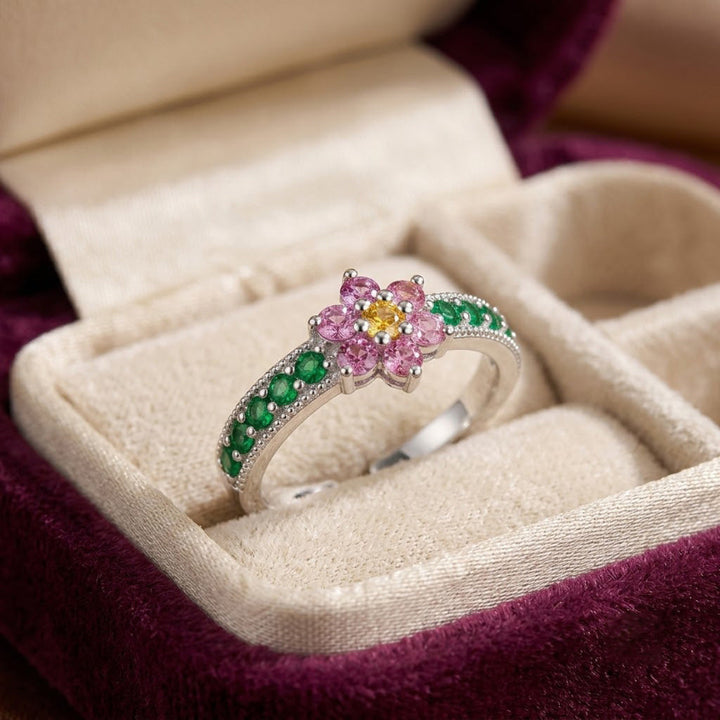 Colorful Floral Multi-Gem Adjustable Open Ring, Pink Flower Emerald Band Diamond Stackable