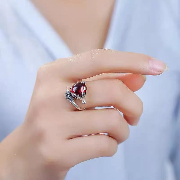 Vintage Red Gem Fox Statement Ring, Antique Silver Animal Spirit Adjustable Opening Band
