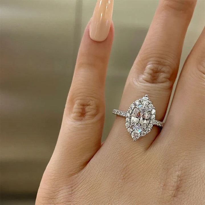 Marquise Cut Halo Diamond Engagement Ring, S925 Silver Paved Band Ring
