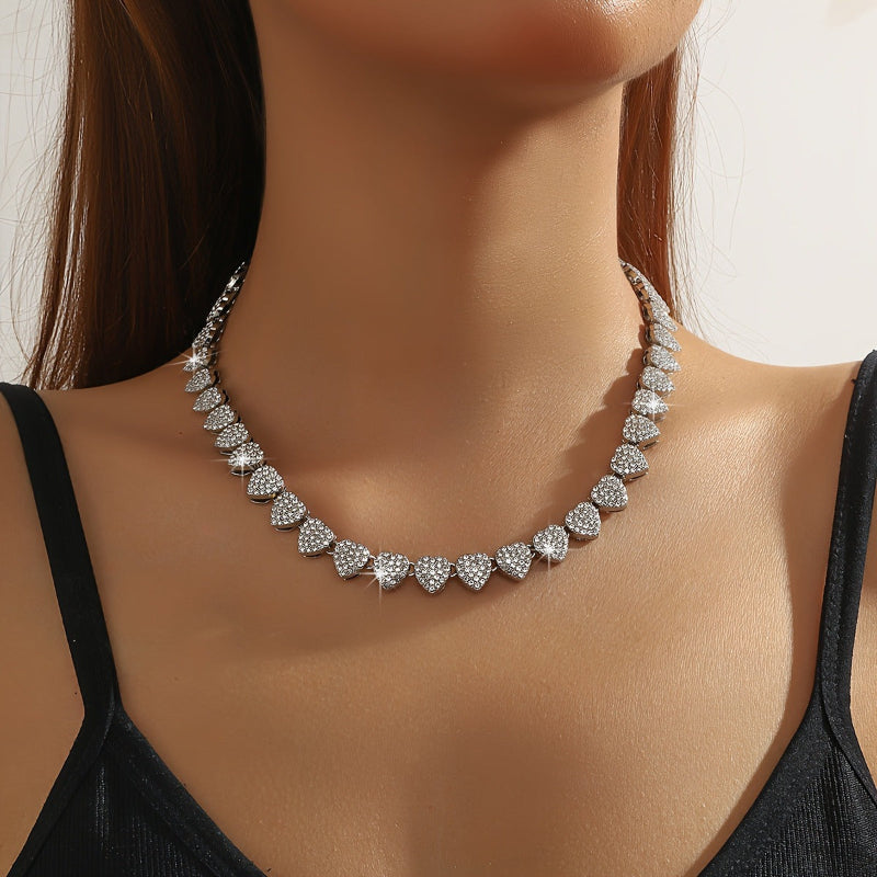 Full Pave Diamond Heart Tennis Choker, Iced Romantic Stackable Collarbone Statement Necklace