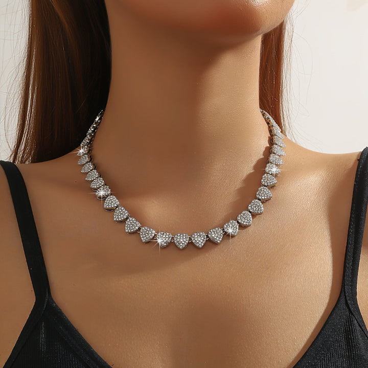 Full Pave Diamond Heart Tennis Choker, Iced Romantic Stackable Collarbone Statement Necklace