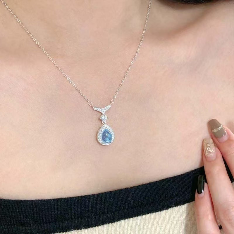 Mermaid Teardrop Blue Gem Pendant Necklace, Elegant Sparkling Halo Collarbone Necklace for Women