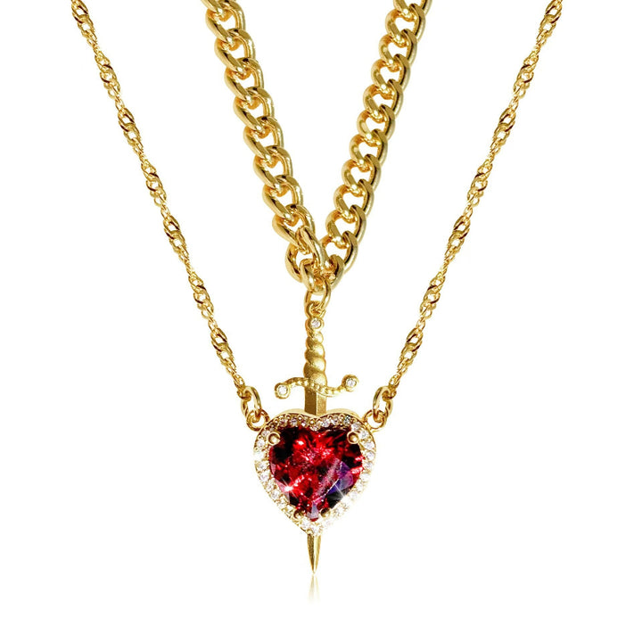Double Layer Sword Through Heart Gem Necklace, Gothic Halo Gem Stack Pendant Chain