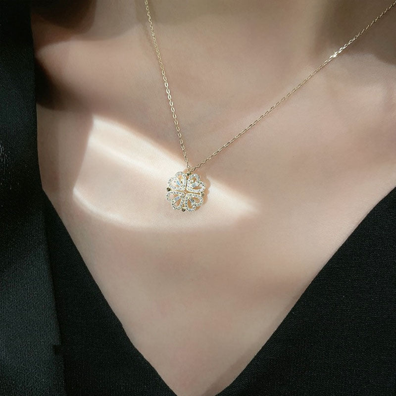 2-in-1 Convertible Clover Double Layer Heart Diamonds Necklace 2-Tone For Women