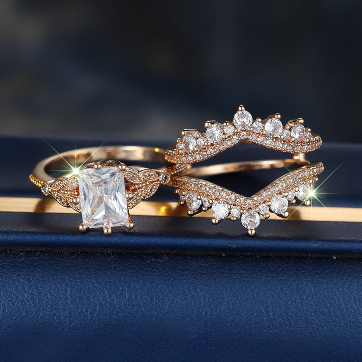 Radiant-Cut Champagne Gold and White Diamond V-Shaped Nesting Ring Set for Women