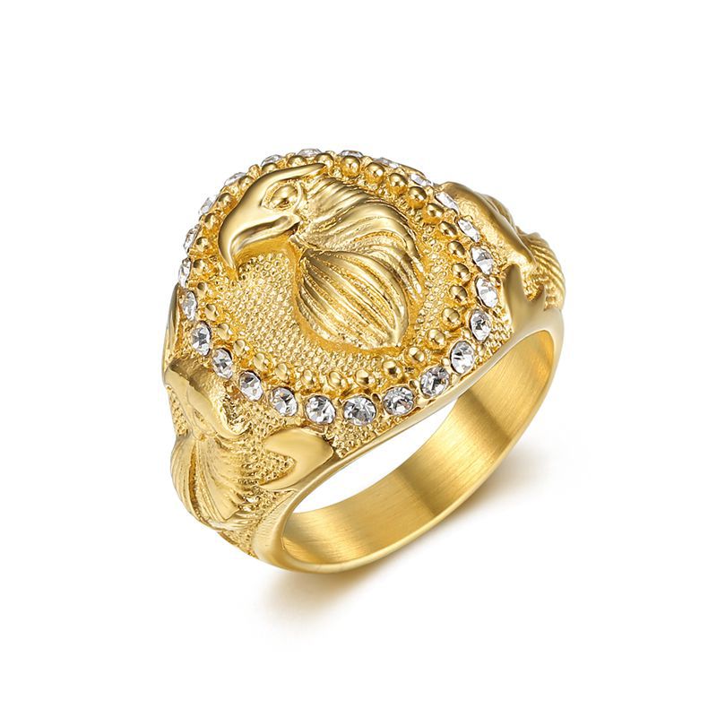 Carved Eagle Head Signet Ring, Pave‑Set Diamond Halo Men Statement Ring, Two Finish Options