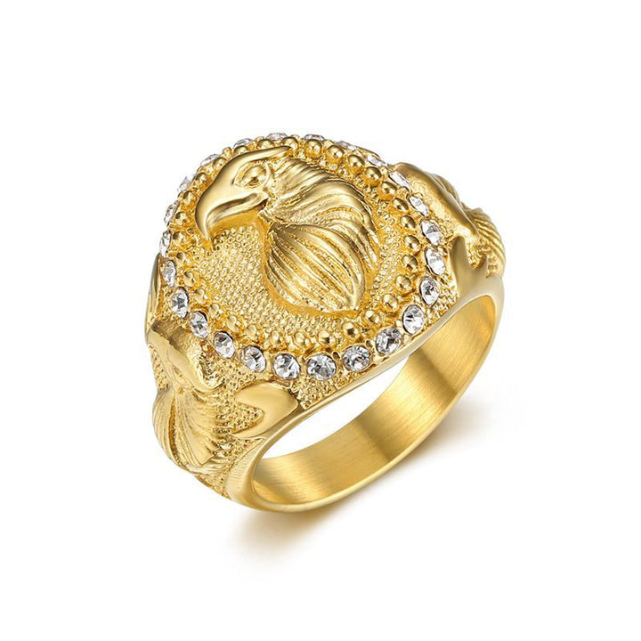 Carved Eagle Head Signet Ring, Pave‑Set Diamond Halo Men Statement Ring, Two Finish Options