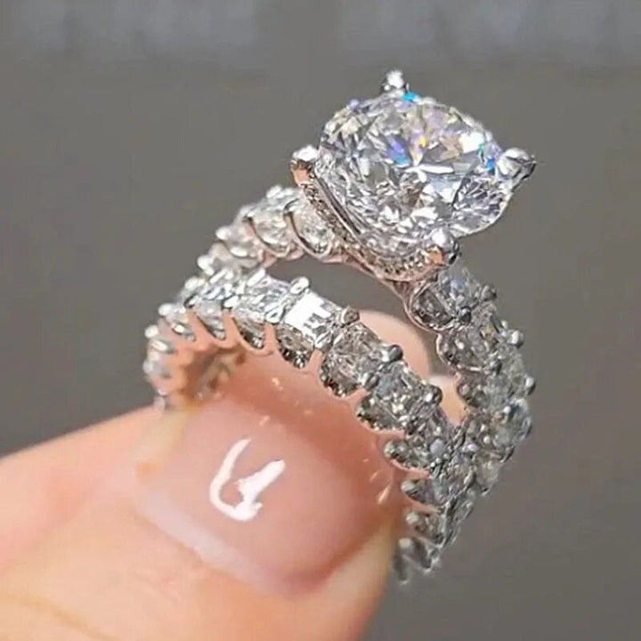 4 Prong Round Solitaire Double Row Baguette Split Shank Stackable Silver Bridal Wedding Ring