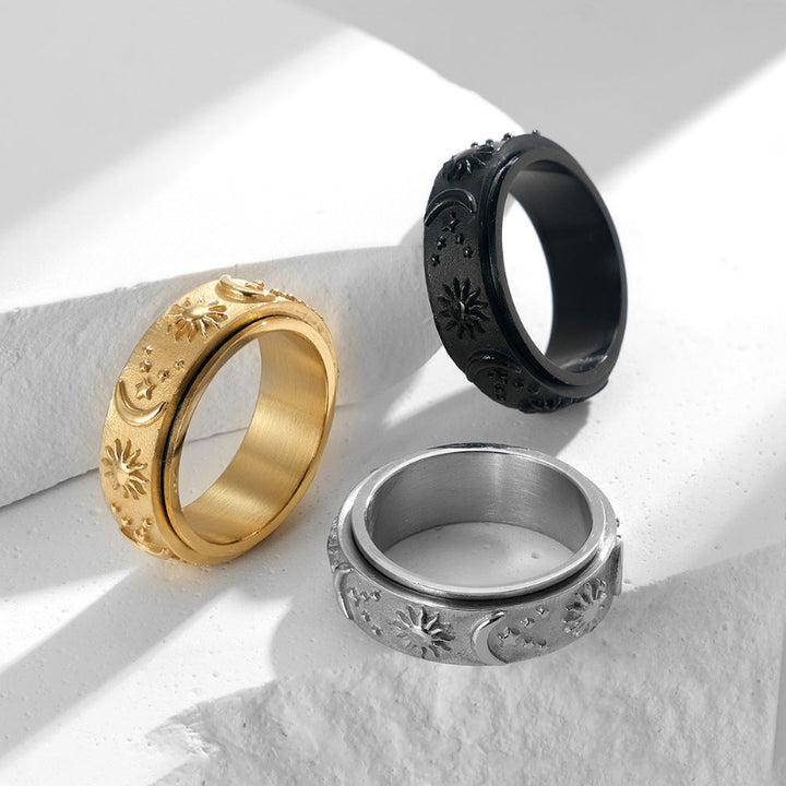 Sun, Moon, and Star Rotatable Ring, Vintage Engraved Rotatable Stress‑Relief Ring