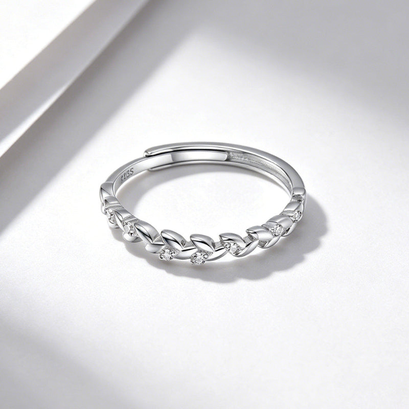 S925 Olive Leaf Stackable Ring, Adjustable Tiny diamond Band Ring for Women