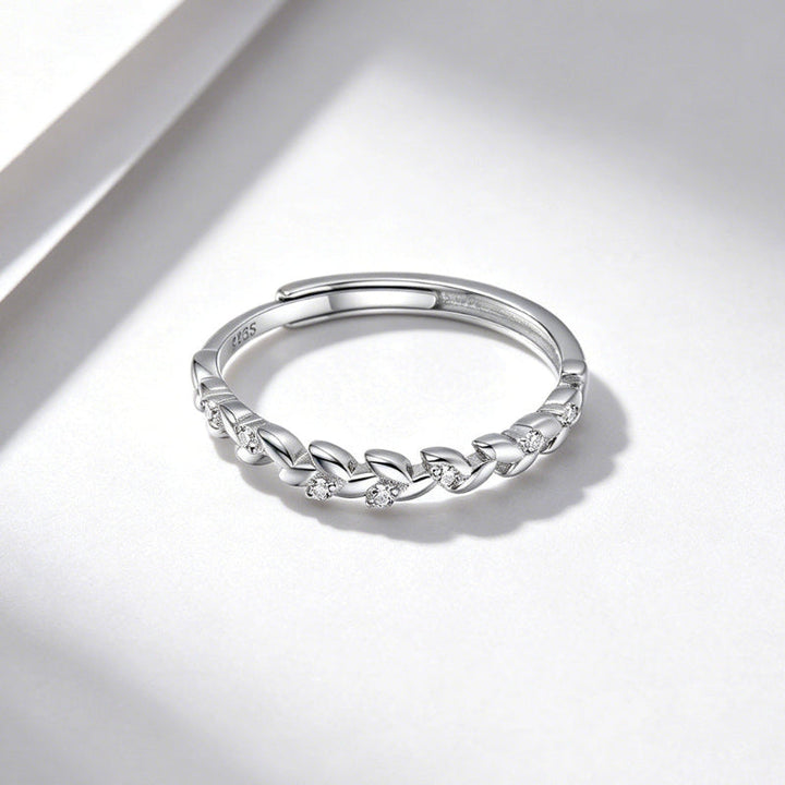 S925 Olive Leaf Stackable Ring, Adjustable Tiny diamond Band Ring for Women