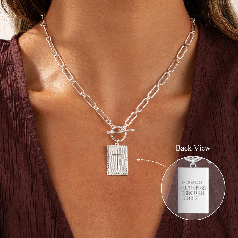 Paperclip Chain Toggle Clasp Rectangular Tag Pendant Necklace, Engraved Back Layerable Daily Fashion Jewelry