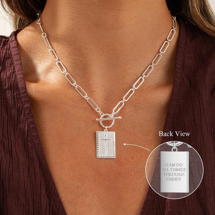 Paperclip Chain Toggle Clasp Rectangular Tag Pendant Necklace, Engraved Back Layerable Daily Fashion Jewelry