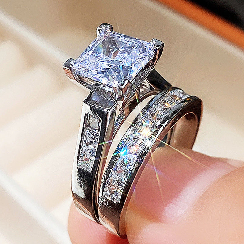 4-Prong Princess Cut Stack Bridal Ring Set, Channel Side Stone Yellow Gold & Silver Classic Wedding Ring