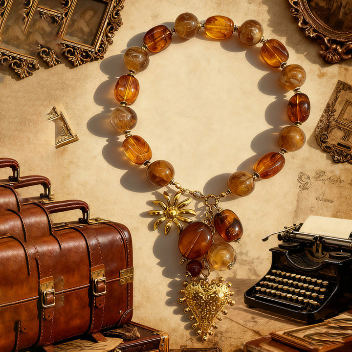 Vintage Swirl Amber Bead Heart Sunflower Charm Necklace, Retro 18K Gold Statement Collar