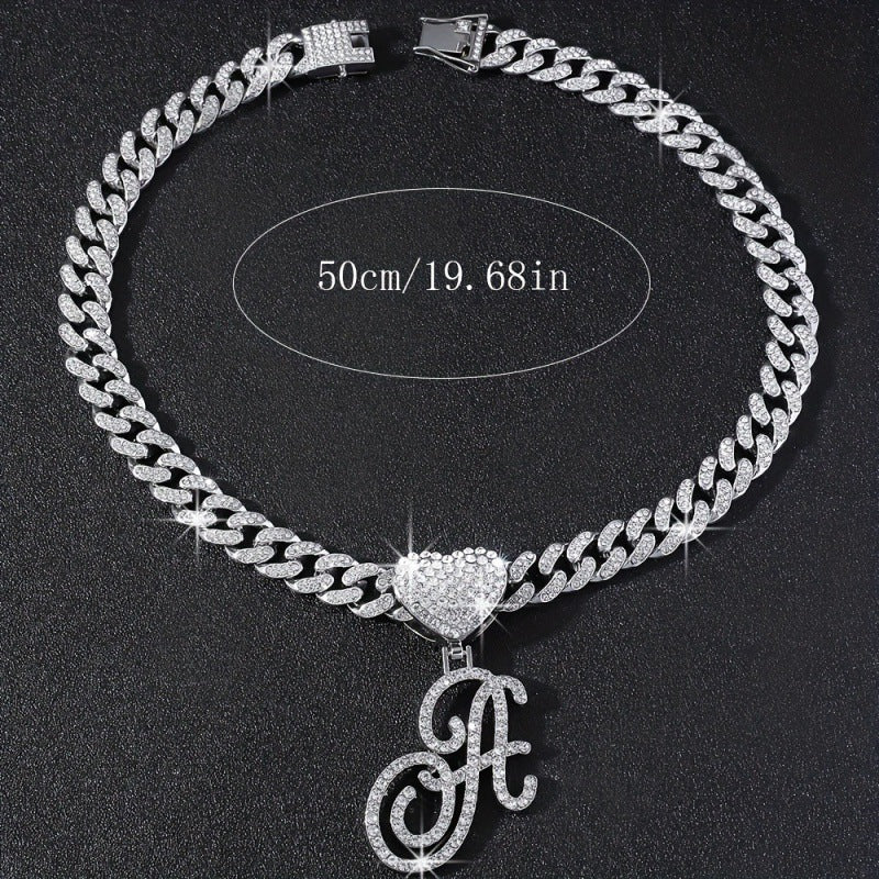 Cursive Initial Letter Necklace With Heart Charm Iced‑Out Cuban Chain, Hip-Hop/Punk Style