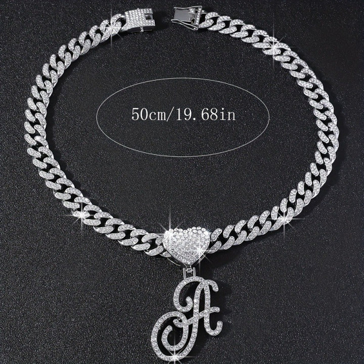 Cursive Initial Letter Necklace With Heart Charm Iced‑Out Cuban Chain, Hip-Hop/Punk Style
