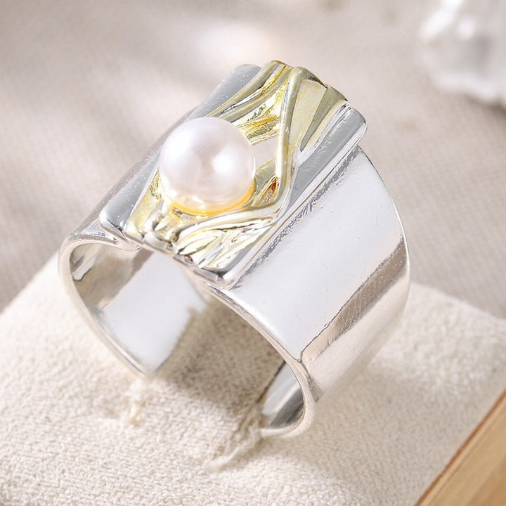 Two-tone Wide Band Pearl Statement Ring, Abstract Artisan Ring for Women