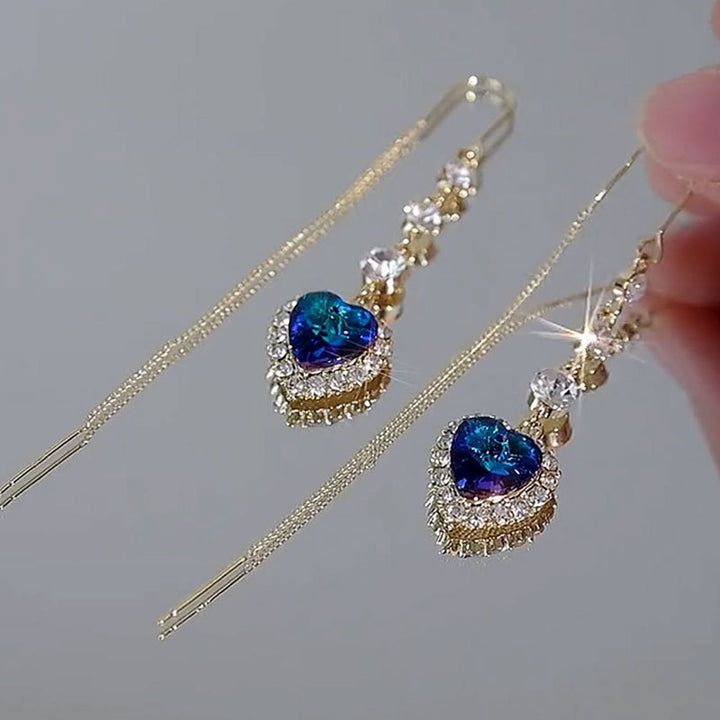 Heart‑Shaped Blue Diamond Threader Drop Earrings, Long Tassel Gold‑Tone Dangle Earrings