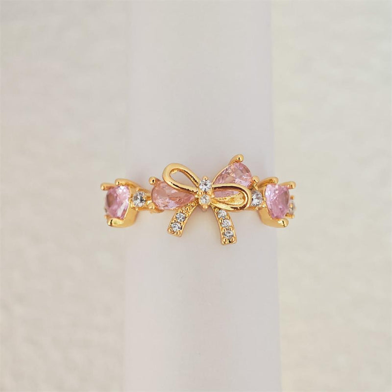 Dainty Pink Heart Diamond Bow Diamond Band Ring, Adjustable Opening Women Promise Ring