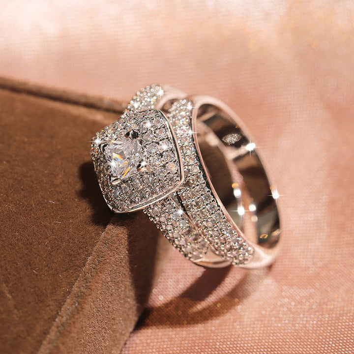 Square Double Halo Stackable Ring Set, Full Pave Eternity Matching Bridal Band Kit