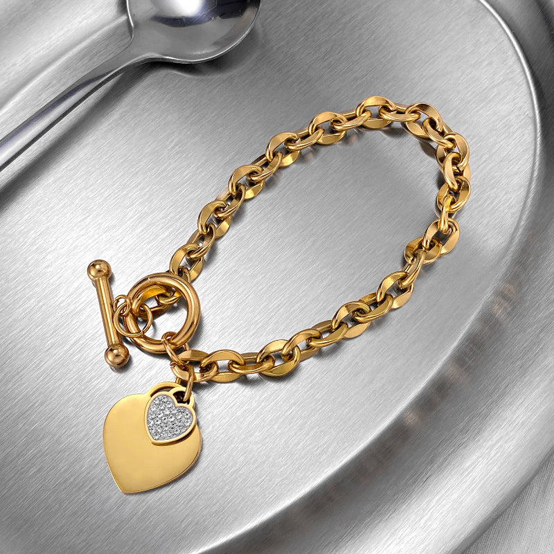 Heart-Shaped Diamond Pendant Bracelet, Hip-Hop Style Cuban Link Bracelet