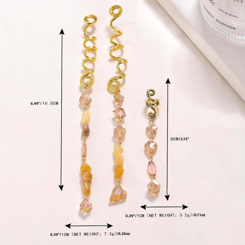 Gemstone Long Tassel Hair Coil, Bohemian Layered Beaded Twisted Hair Jewelry