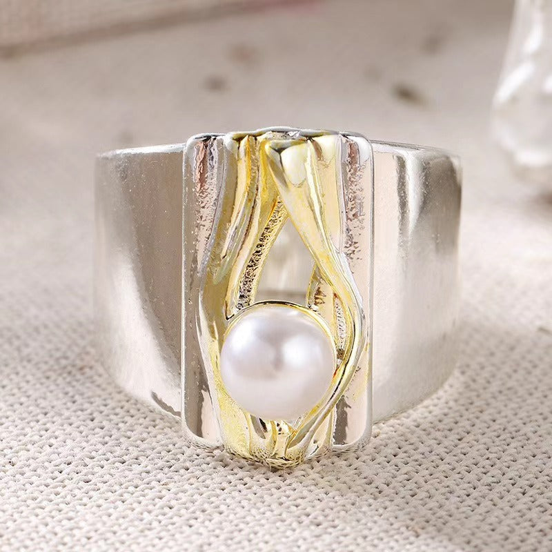 Two-tone Wide Band Pearl Statement Ring, Abstract Artisan Ring for Women
