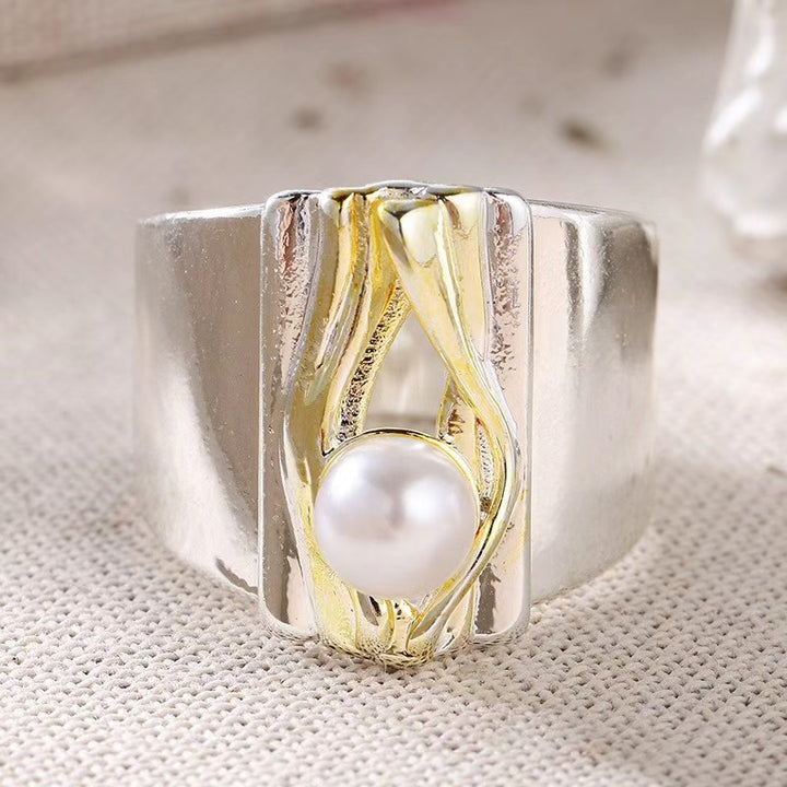 Two-tone Wide Band Pearl Statement Ring, Abstract Artisan Ring for Women