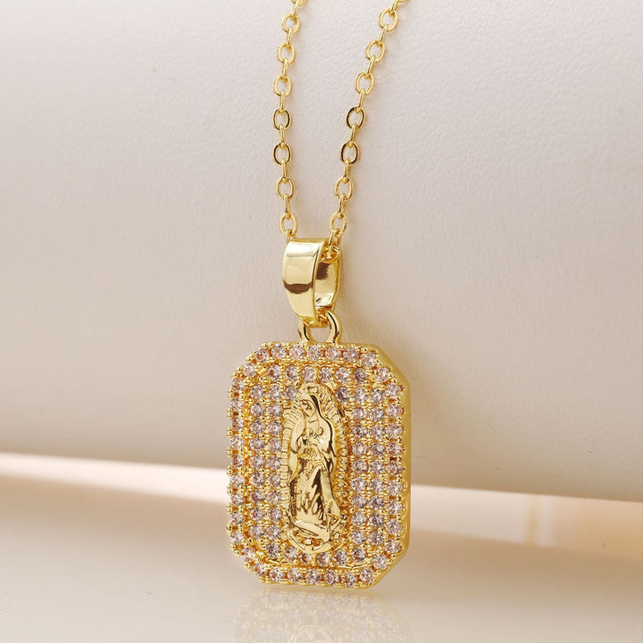 Iced‑Out Virgin Mary Tag Pendant Necklace, Bold, Fully Hip-Hop Style Necklace