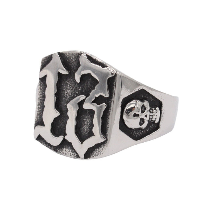Vintage Carved Skull Side Signet Ring, Retro Biker Punk Men’s Statement Ring