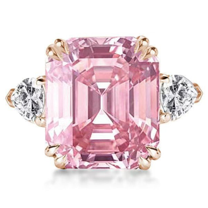 Emerald Cut Pink Gem Rose Gold Solitaire Ring, Side Teardrop Diamond Accent Band