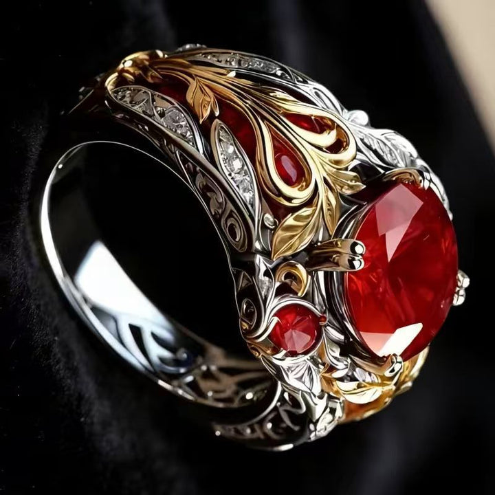 Two-Tone Carved Leaf Red Gem Diamond Vintage Wide Statement Ring