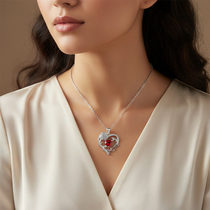 Mom Rose Heart Diamond Pendant Necklace, Hollow Open Heart Floral Jewelry Gift For Mother’s Day Birthday