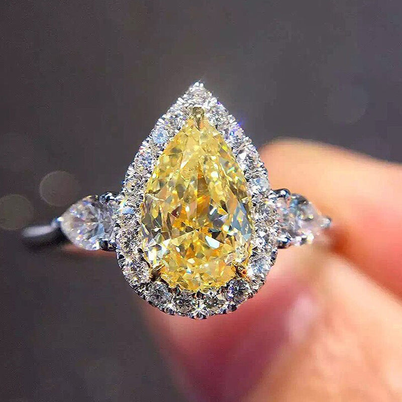 Pear‑Cut Yellow Diamond Halo Ring, Elegant Three‑Stone Women’s Ring