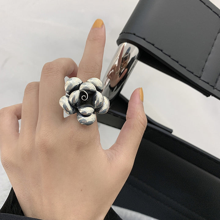 Vintage Silver 3D Sculpted Flower Statement Ring, Adjustable Floral Gothic Stackable Band