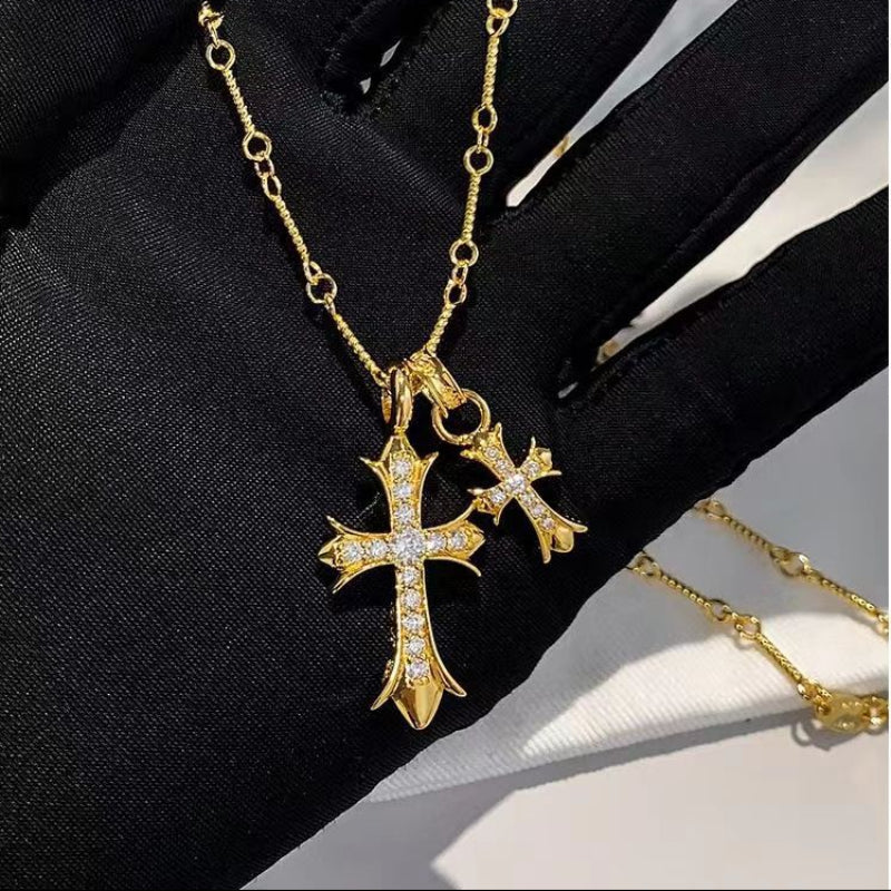 Double Cross Pendant Diamond Necklace, Versatile Statement Sweater Necklace, Trendy Gift for Women Men