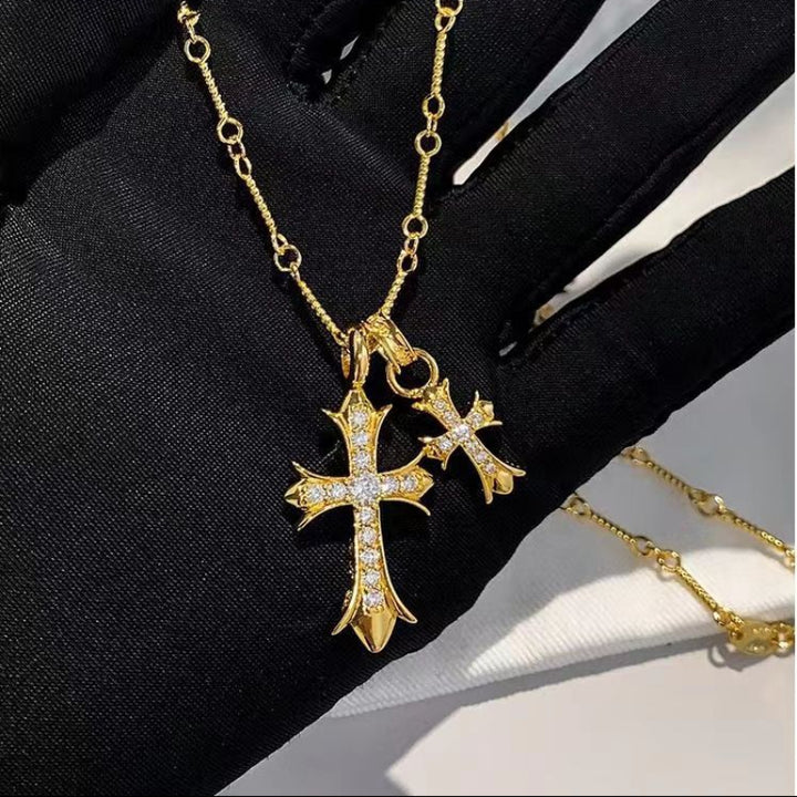 Double Cross Pendant Diamond Necklace, Versatile Statement Sweater Necklace, Trendy Gift for Women Men