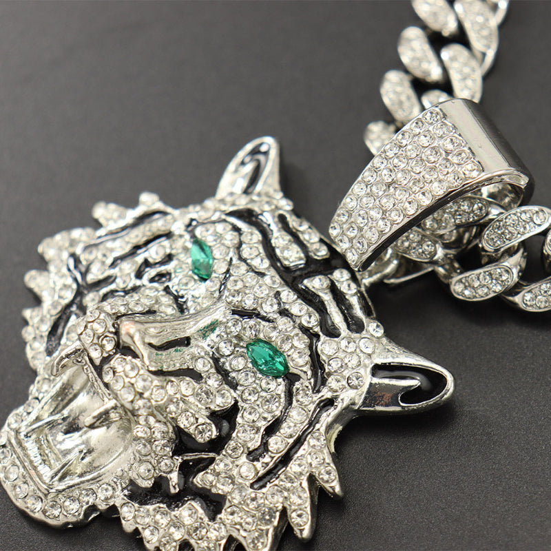Hip-hop Style Iced‑Out Roaring Tiger Head Diamond Pendant with Cuban Link Chain
