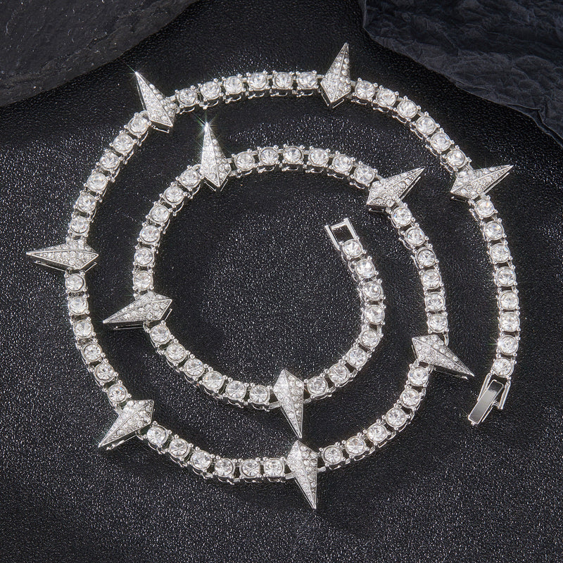 Spike Triangle Stud Tennis Chain Choker, Full Pave Diamond Edgy Rock Hip Hop Statement Necklace