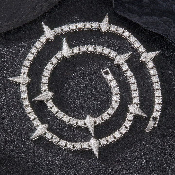 Spike Triangle Stud Tennis Chain Choker, Full Pave Diamond Edgy Rock Hip Hop Statement Necklace